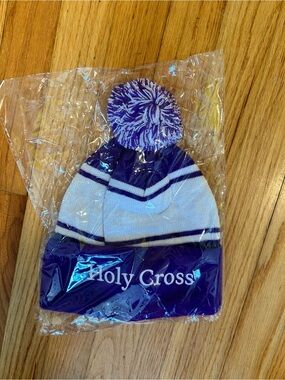 Purple & White Holy Cross Pom Pom Beanie Hat